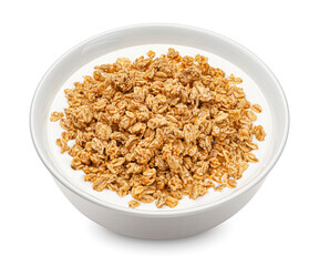 Oat granola with milk isolated on white background