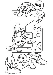 turtle with number three coloring page or book for kids