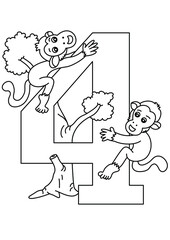 monkey with number four coloring page or book for kids