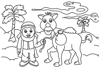 cartoon children with camels cute coloring page or book for kids