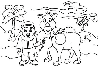 Fototapeta premium cartoon children with camels cute coloring page or book for kids