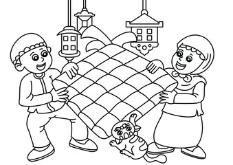 children with ketupat coloring page or book for kids