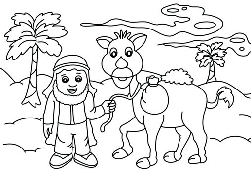 cartoon children with camels cute coloring page or book for kids