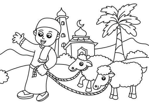 cartoon kids with goats cute coloring page or book for kids
