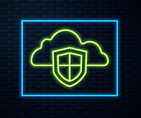 Glowing neon line Cloud and shield icon isolated on brick wall background. Cloud storage data protection. Security, safety, protection, privacy concept. Vector