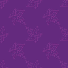 Seamless pattern of contour ivy leaves on a purple or violet background. Pastel colors. Ivy leaves in a ornament. Nature or plant print or background