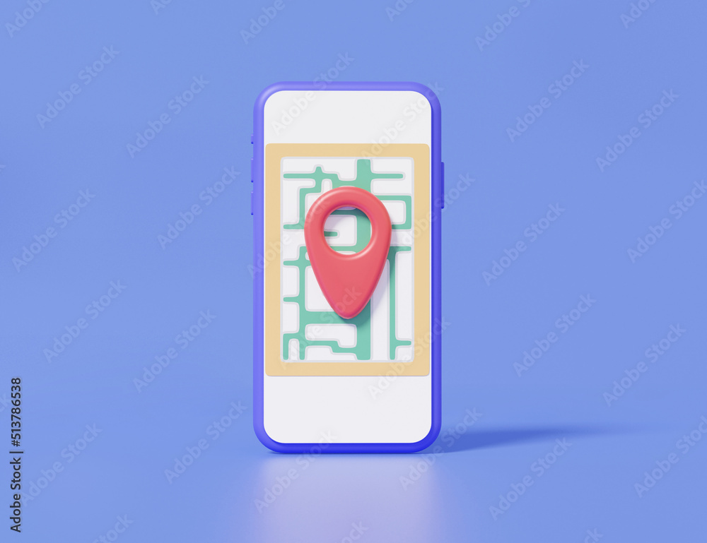 Poster minimal cartoon pin pointer and map location search gps on mobile phone, travel navigation concept. 