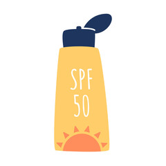 Large bottle of sun cream SPF 50. Face and body lotion with high protection against UV and uva, uvb rays. Sunscreen protection and sun safety. Hand drawn illustration in flat style.