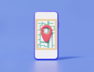 Minimal cartoon pin pointer and map location search GPS on mobile phone, travel navigation concept. paper map, website on purple background. 3d render. illustration