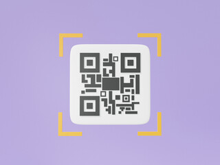 Minimal cartoon QR code scanning icon on purple background. pay money or online payment, shopping special concept. digital transaction financial. 3d rendering illustration