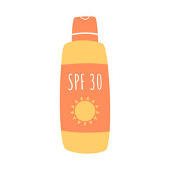 A bottle of SPF 30 sunscreen. Moisturizing face and body lotion with high skin protection from UV rays. Calculation illustration in flat style isolated on white background.