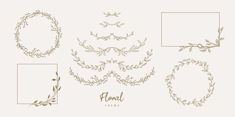 Hand drawn floral frames and divider with flowers and leaves.Elegant logo template.Vector illustration vintage decorative elements for label,branding business identity,wedding invitation,greeting card