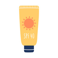 Tube of sunscreen SPF 40. Moisturizing face and body lotion with high skin protection against UV rays, uva, uvb. Sunscreen protection and sun safety. Vector illustration in flat style