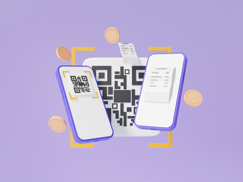 3D render QR code scanning via two mobile phone with bill coin floating on purple background. pay money or online payment, shopping special concept. digital transaction financial. illustration