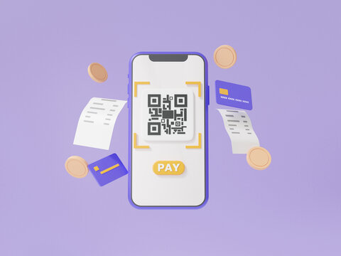 QR Code Scanning Via Mobile Phone With Bill Coin Floating On Purple Background. Pay Money Or Online Payment, Shopping Special Concept. Digital Transaction Financial. Minimal Cartoon. 3d Rendering