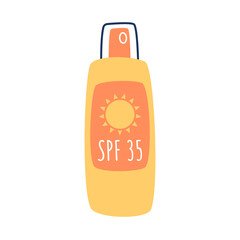Spray with sun lotion SPF 35. A bottle of moisturizing sun cream with high UV protection. Sunscreen protection and sun safety. Hand drawn vector illustration in flat style.