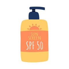 SPF 50 face and body sun cream dispenser bottle. Moisturizing lotion with high UV protection for the skin. Vector illustration in a flat style on a white background.