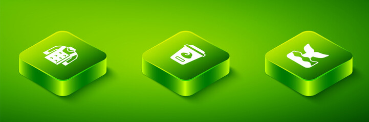 Set Isometric Yogurt container, Whale tail and Sweater icon. Vector