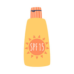 Lotion SPF 15. Moisturizing face and body cream with UV protection. Gentle sunscreen protection and sun safety. Vector illustration in a flat style.