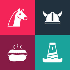 Set pop art Lighthouse, Hotdog sandwich, Viking in horned helmet and Horse icon. Vector