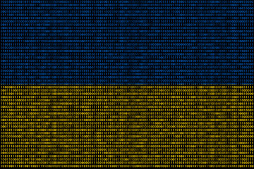 Ukraine flag superimposed on duplicate computer code that permeates each other. The matrix-like binary code consists of 0s and 1s and has a vertical position.	