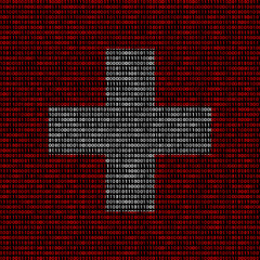 Switzerland flag superimposed on duplicate computer code that permeates each other. The matrix-like binary code consists of 0s and 1s and has a vertical position.	