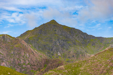 Beautiful landscape panorama of Snowdon mountain with lakes in North Wales. UK