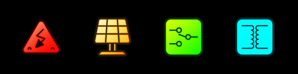 Set High voltage, Solar energy panel, Switch in electronic circuit and Electrical transformer icon. Vector
