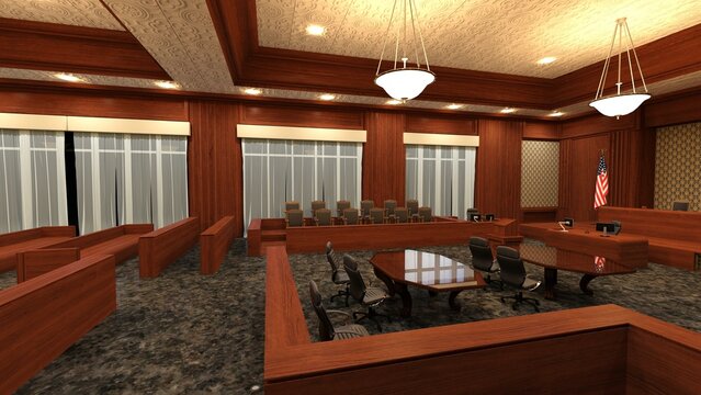 3D-Illustration of an empty justice court with table and chairs