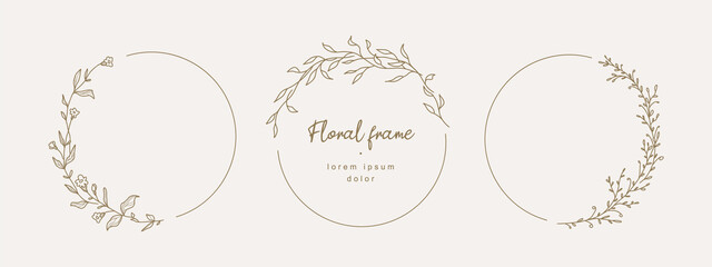 Hand drawn line floral frames. Circle botanical wreath. Elegant logo template.Vector illustration vintage decoration elements for label, branding business identity, wedding invitation, greeting card
