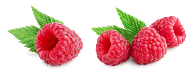 Ripe raspberry with leaf isolated on a white background. Set or collection