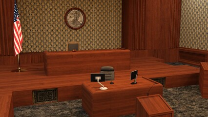 3D-Illustration of an empty justice court with table and chairs