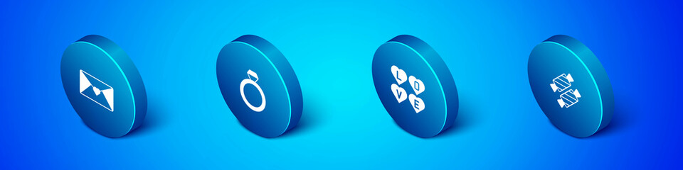Set Isometric Envelope with Valentine heart, Love text, Candy and Wedding rings icon. Vector