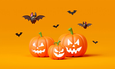 Happy Halloween day with Halloween pumpkins and cute bat, 3d illustration