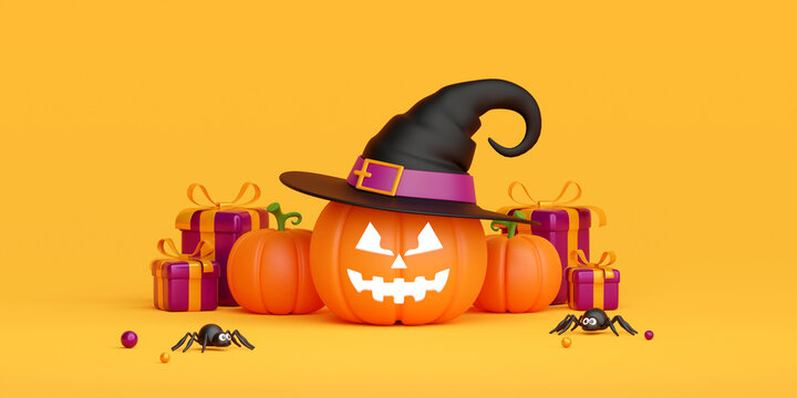 3d illustration banner of Jack O Lantern wear witch hat with gift box, Happy Halloween