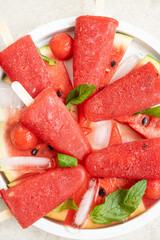 Watermelon ice cream with mint and ice