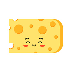 Cute cheese kids character with hole slice isolated on white background. Flat design cartoon style kawaii piece of yellow cheese illustration. Happy smiling organic milk food mascot vector emoji.