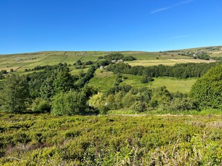 Fototapeta na wymiar Extensive landscape, with moorland, farms, trees, and distant hills near, Jerusalem Lane, Midgley, UK