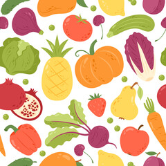 Vector seamless pattern with vegetables, fruits and berries. Healthy lifestyle background in cartoon sketch style. Icons background with tomato, beet, pea, cabbage. Summer tropical print for fabric