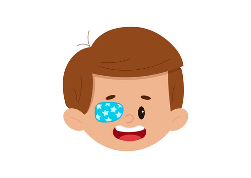 Amblyopia eye patch on boy face isolated on white background. Cute ophthalmology kid avatar - child head icon with occluder. Flat design cartoon style vector illustration. 