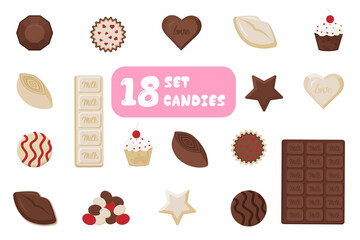 Set of 18 chocolates, icons. Vector illustration