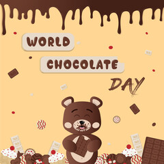 Fototapeta premium World chocolate day, chocolate bear, poster, placard. Vector illustration. Candy, Chocolate