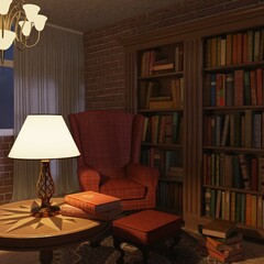 3D-Illustration of cozy reading corner with a table lamp and books