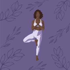 Poster, Poster, The girl is engaged in yoga, yoga, dark-skinned, dark lilac background. vector illustration
