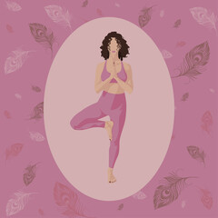 Poster, Poster, Girl doing yoga, feathers in the background, pink background, yoga pose. vector illustration