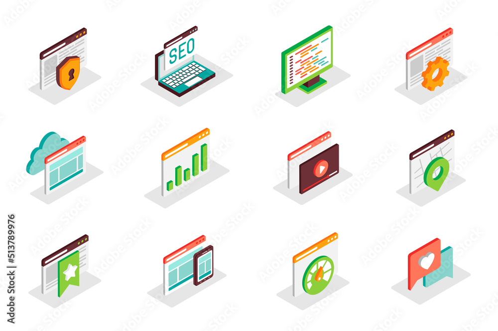 Poster seo optimization concept 3d isometric icons set. pack isometry elements of security, keyword, settin