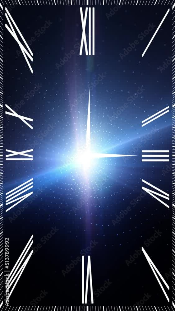 Sticker infinity cosmos time looping clock on artistic glowing light universe science animation background. 
