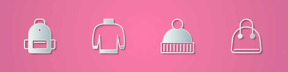 Set paper cut School backpack, Sweater, Beanie hat and Handbag icon. Paper art style. Vector