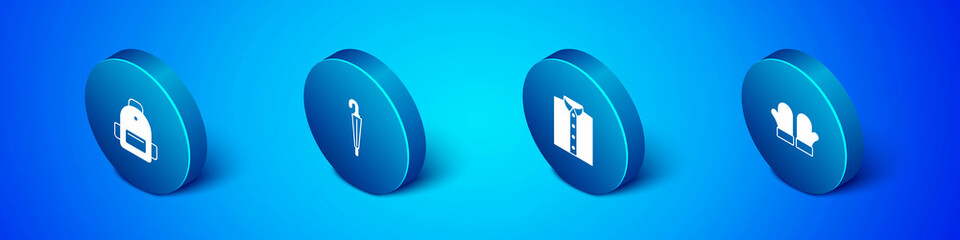 Set Isometric School backpack, Shirt, Christmas mittens and Umbrella icon. Vector