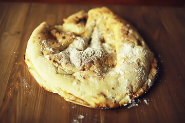 Lavash from whole grain durum flour. Handmade fresh pastries. Flour product. Bread, flour and ingredients.